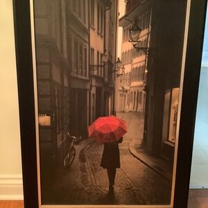 Framed picture Stefani Corso Red Rain textured 30”x41” girl with red umbrella.